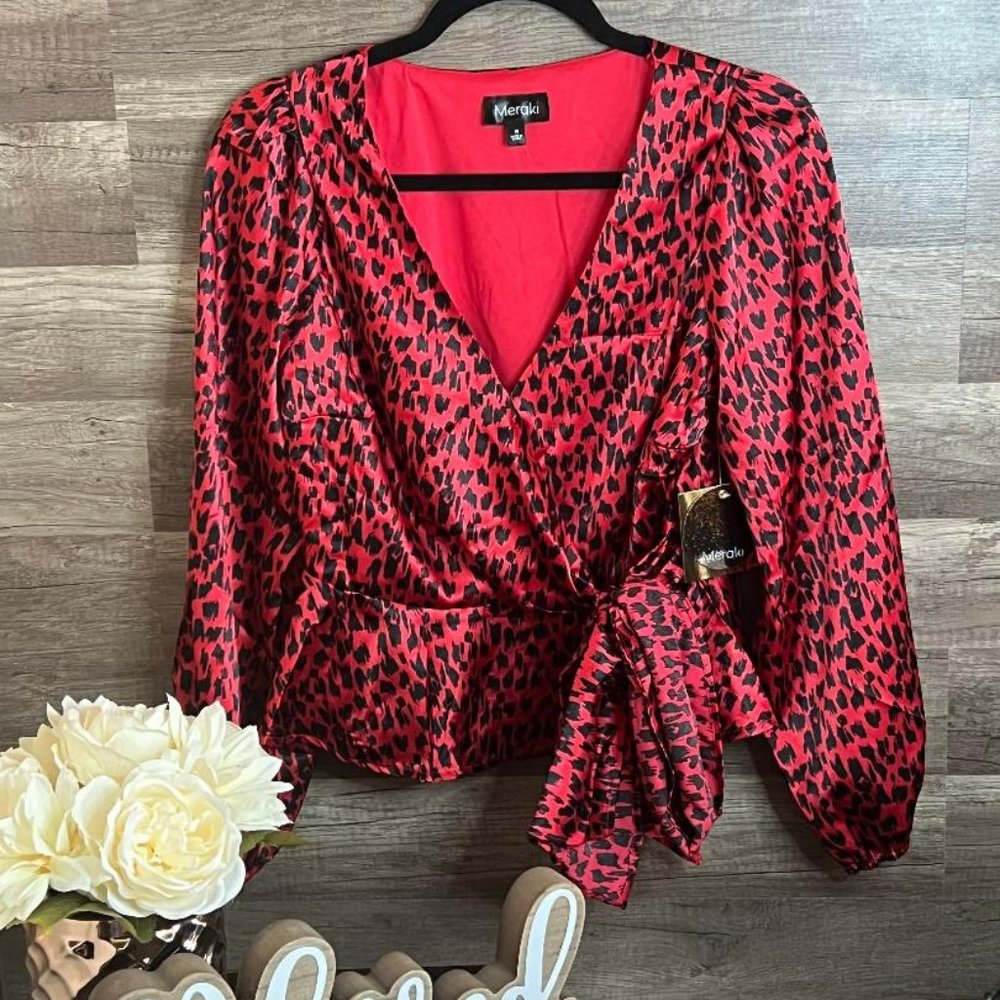 NWT. Medium Red Animal Print Satin Wrap V-Neck Blouse - Picture 2 of 2